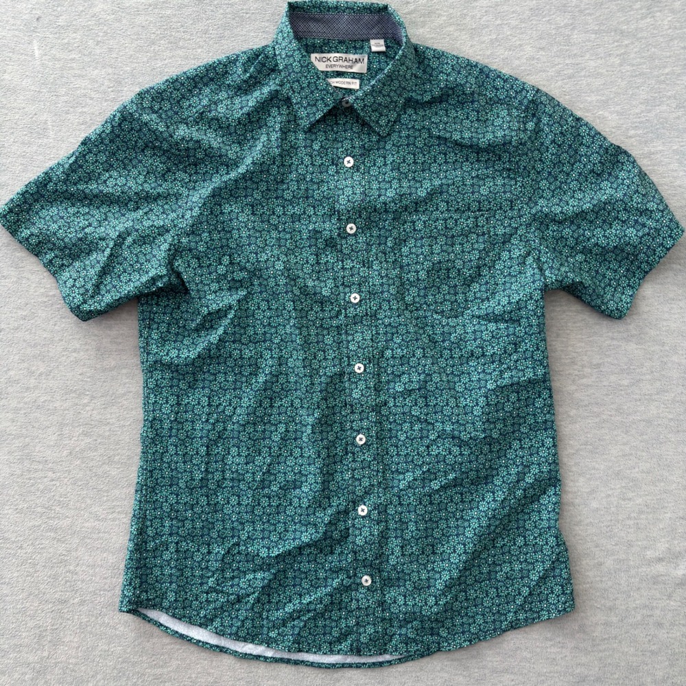 Nick Graham Everywhere Mens Teal Floral Short Sleeve Stretch Modern Fit Shirt M